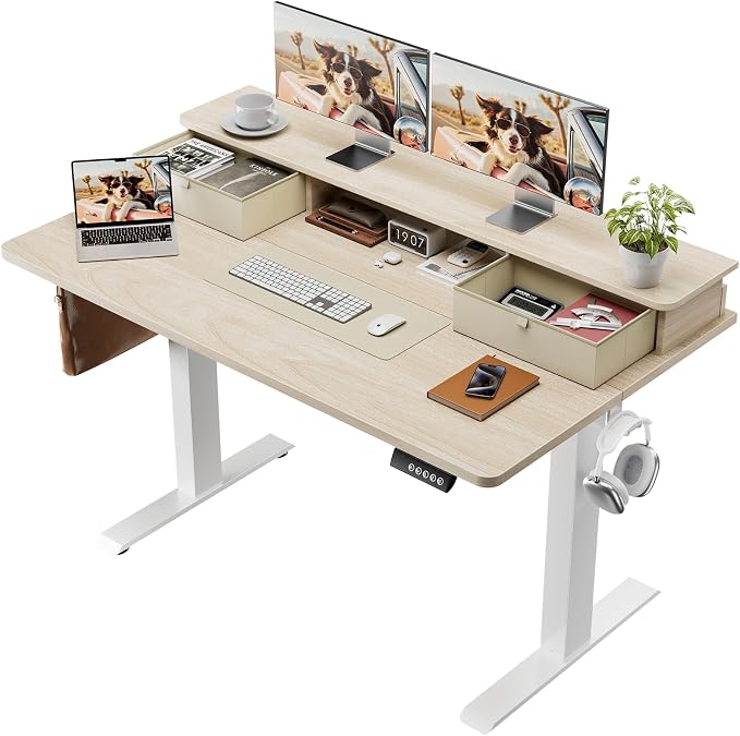 Veken 47x28 in Electric Standing Desk with Drawers, Adjustable Table, Wood | Stand up Computer Desk for Home Office, Work & Study, with Storage, 3 Memory Presets, Cable Organizer, Hook, and Quiet Lift. by Veken