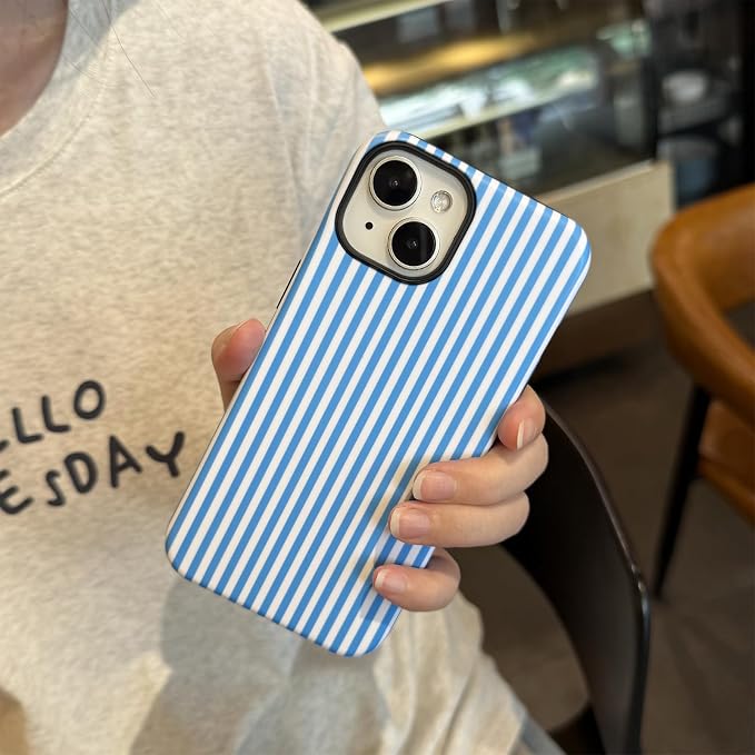 for iPhone 15 Case Striped Cute Aesthetics Phone Case Trendy Protective Shockproof Cover for iPhone 15 Blue White - Image 4