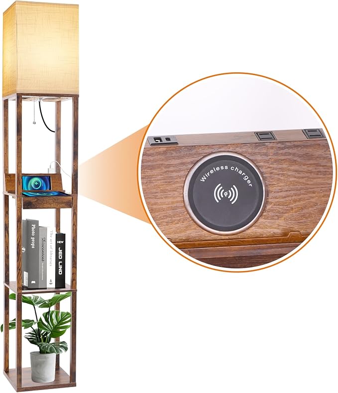 RUNTOP Floor Lamp with Shelves, Shelf Floor Lamp with Wireless Charger & 2 Charging USB Ports & Drawer, AC Outlet, 3 Color Temperature Tall Standing Lamp with Bulb for Living Room, Bedroom, Office - Image 2