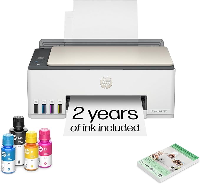 HP Smart Tank 5103 Wireless All-in-One Ink Tank Printer, Scanner,2 Years of Ink, 100 Sheets of Photo Paper Included, Cartridge-Free, Refillable, AI-Enabled (5D1B2A) by Unknown