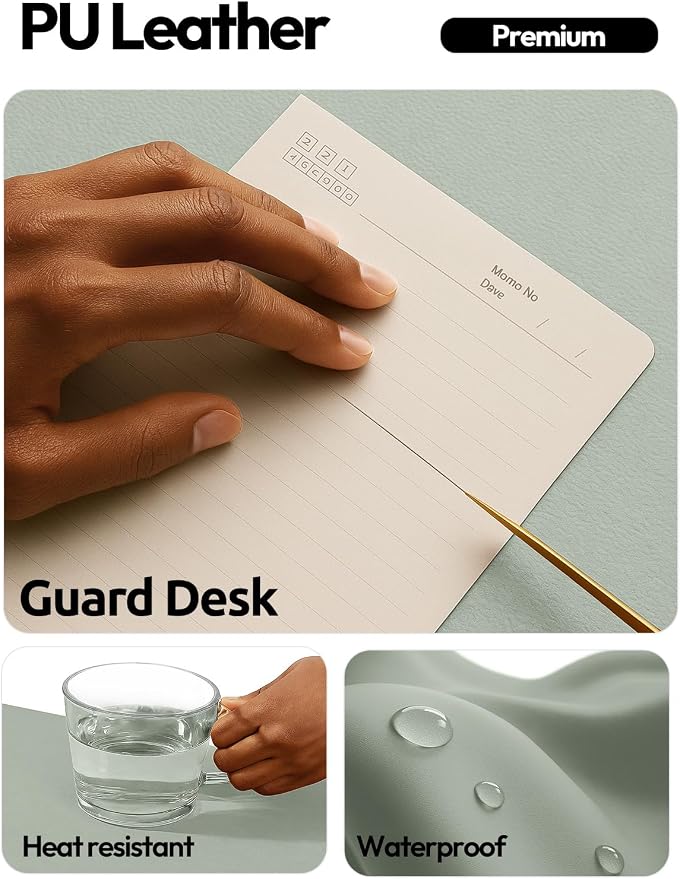 YSAGi Leather Desk Protector, Office Mat, Large Mouse Mat, Non-Slip PU Leather Blotter, Laptop Desk Mat, Waterproof Writing Pad for Office and Home(Grayish Green, 63" x 24") - Image 3