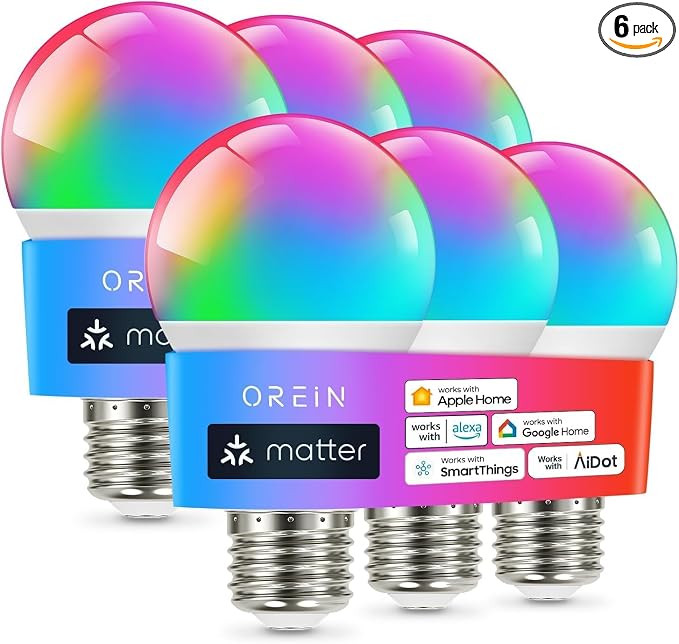 OREiN Matter Smart Light Bulb, Smart Light Bulbs Work with Apple Home, Alexa, Google Home, SmartThings, A19 Color Changing Light Bulbs 2.4Ghz WiFi, 800 Lumens Equivalent 60W 6Pack by OREiN