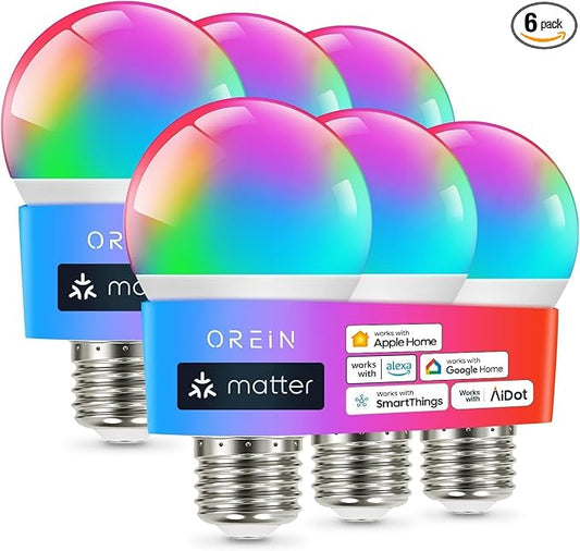 OREiN Matter Smart Light Bulb, Smart Light Bulbs Work with Apple Home, Alexa, Google Home, SmartThings, A19 Color Changing Light Bulbs 2.4Ghz WiFi, 800 Lumens Equivalent 60W 6Pack by OREiN