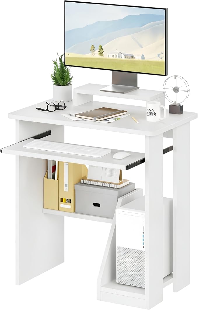 ALISENED 30 Inch Computer Desk, with Keyboard Tray & Monitor Stand | Compact Desk for Space-Saving, Ergonomic Study Desk with Storage Shelves for Writing, Gaming, Working, White by ALISENED