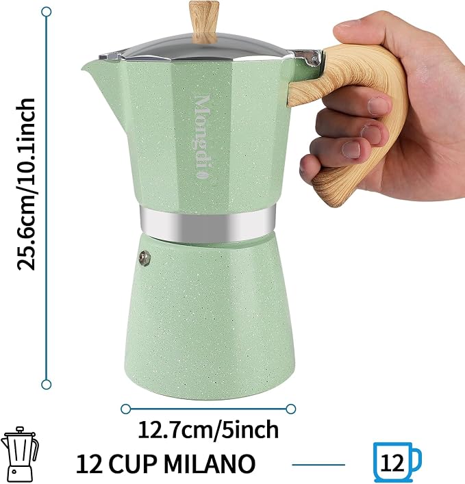 Mongdio Stovetop Espresso Maker Moka Pot, Cuban Coffee Maker Stove top coffee maker Moka Italian Espresso Greca Coffee Maker Brewer Percolator, 12 Espresso Cups, 20 oz - Green - Image 5