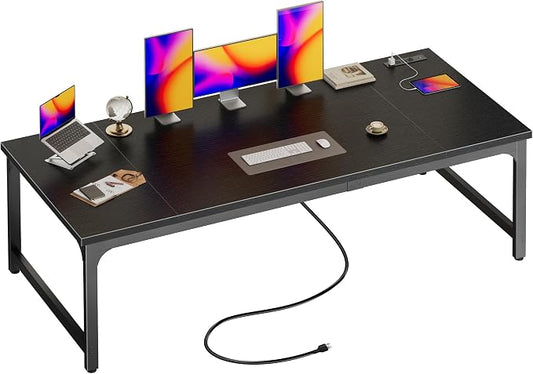 Huuger 71 x 31.5 Inch Desk with Power Outlets & USB-C, 0.95 Inch Thicker Desktop, Robust Metal Tubes, Deep Computer Desk, Heavy Duty Office Desk, Work Desk for Home Office, Black by Huuger