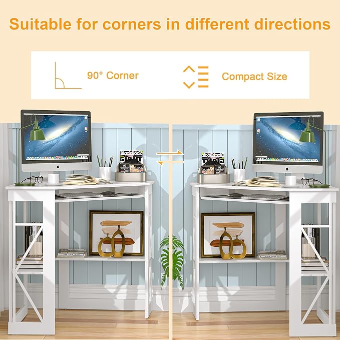 VECELO Corner Desk, Triangle Computer Desk for Small Space with Charging Station and Keyboard Tray, Corner Makeup Table with Storage Shelves for Home Office Bedroom, 41x30, White - Image 7