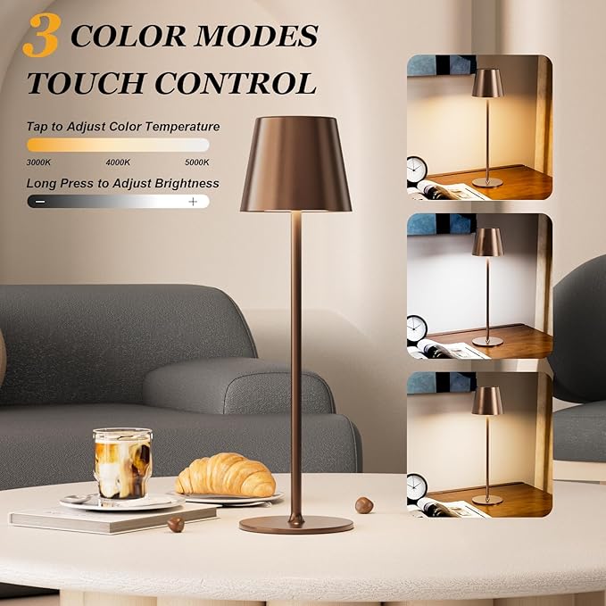 Cordless Table Lamp Rechargeable Brown - KK 2 Pack 5000mAH Battery Operated Lamp for Counter, 3 Color Stepless Dimming Wireless Lamp for Dining Table, Kitchen Counter, Outdoor Patio, Touch Control - Image 2
