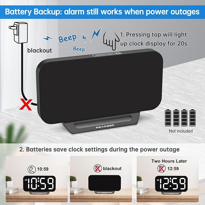 Peakeep Small Digital Alarm Clock for Bedrooms, Loud for Heavy Sleepers | Dimmable Plug in Electric Large Numbers Clock Battery Backup, Slim Clock for Table Office Modern Living Room (BW) - Image 5