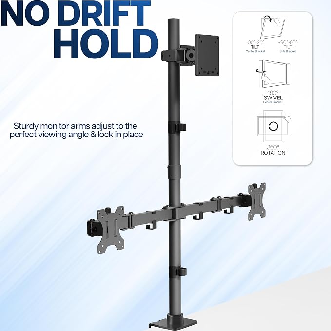 VIVO Triple Monitor Extra Tall Desk Mount for up to 49 inch Ultrawides on Center Bracket and 27 inch Screens on Side Brackets, Holds up to 44 lbs, Black, STAND-V103T - Image 5