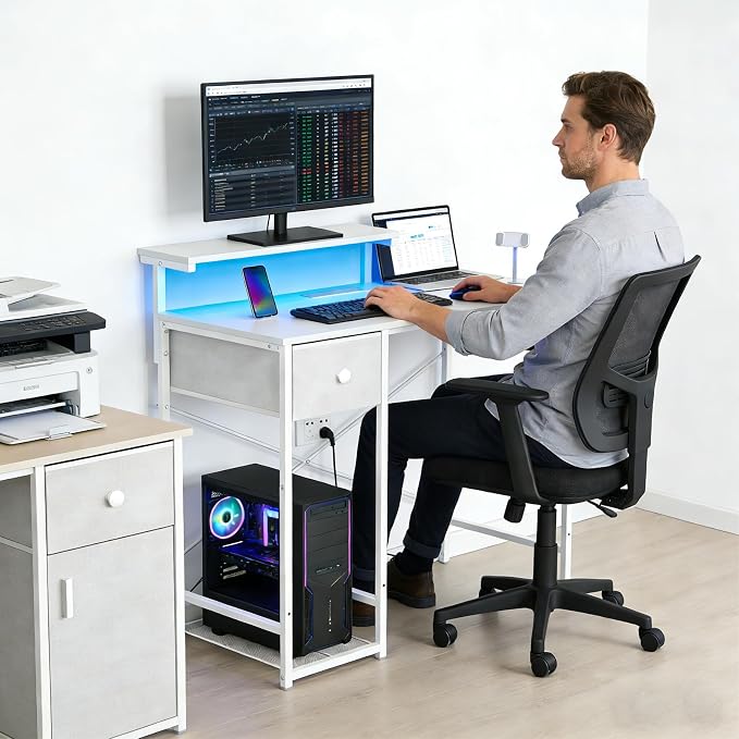 X-cosrack 33.5" Small Computer Desk with Monitor Stand & Outlets, Small Gaming Desk with LED Light & CPU Stand, Teen Study Writing Table with Storage Drawer, Side Hooks for Bedroom, Home Office White - Image 2