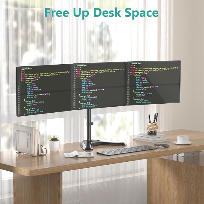 WALI Free Standing Triple Monitor Mount, Heavy Duty Triple Monitors Stand for 13-27 inch Screens, Adjustable 3 Monitor Arm Desk Mount with Swivel, Tilt, Rotation, Grommet Base (MF003N), Black - Image 3