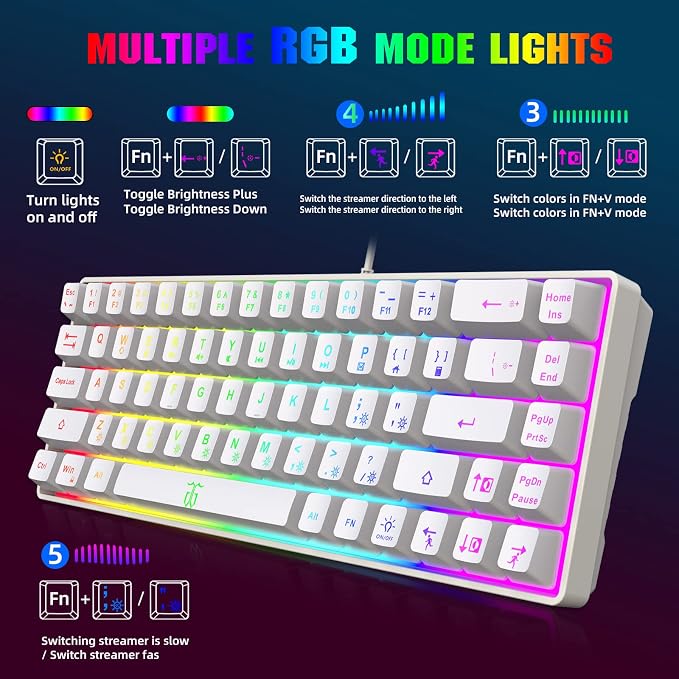 Snpurdiri 60% Percent Gaming Keyboard (68 Keys, White) | Compact RGB Backlit Ergonomic Small Mini Keyboard for Windows, PC, Laptop, Gaming - Image 7