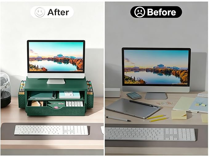 gianotter Desk Organizers and Accessories, Monitor Stand with Drawer and 2 Pen Holder, Desktop Organizer Suitable for Offices and Dormitories (Green-Plain) - Image 3