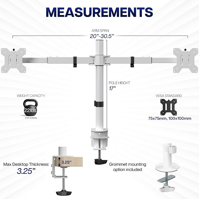 VIVO Dual LCD LED 21 to 32 inch Monitor Desk Mount, Heavy Duty, Adjustable Telescoping Arms, Flush Wall Setup, Fits 2 Screens, White, STAND-V002EW - Image 4