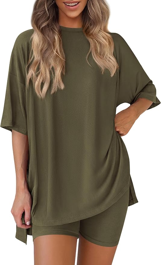 PRETTYGARDEN Women 2 Piece Lounge Set 2026 Summer Casual Oversized Shirts Biker Shorts Matching Airport Travel Outfit Clothes by PRETTYGARDEN