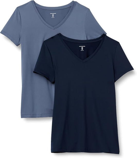 Amazon Essentials Women's Active Quick Dry Tech Stretch Short-Sleeve V-Neck T-Shirt (Available in Plus Size), Pack of 2 by AmazonEssentials