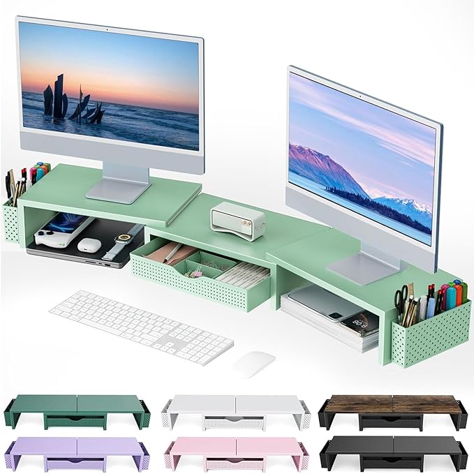 gianotter Dual Monitor Stand Riser, Desk Organizer With Drawer and 2 Pen Holders, Computer Monitor Stand, Desk Shelf for Top of Desk (Sage Green) by gianotter