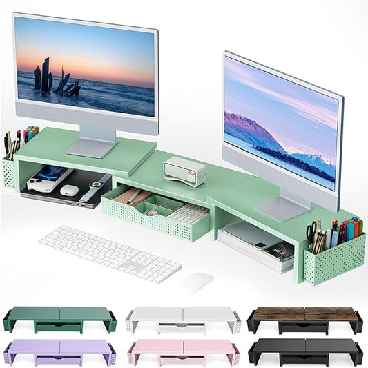 gianotter Dual Monitor Stand Riser, Desk Organizer With Drawer and 2 Pen Holders, Computer Monitor Stand, Desk Shelf for Top of Desk (Sage Green) by gianotter