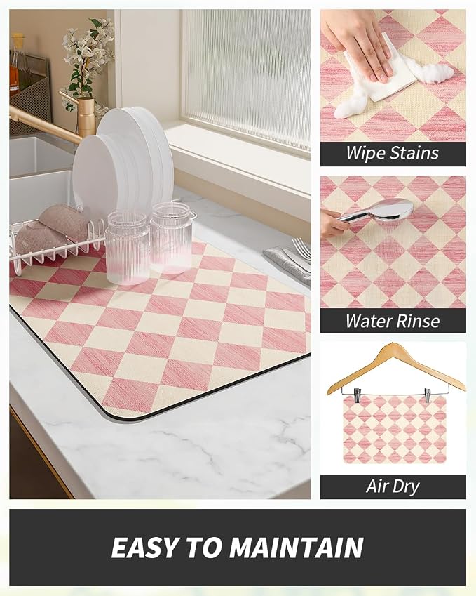 AMOAMI Coffee Mat Hide Stain Rubber Backed Absorbent Dish Drying Mat for Kitchen Counter - Fits Under Coffee Maker or Machine - PINK 16X24 - Image 4