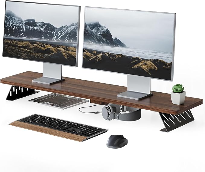 Fenge Dual Monitor Stand Riser, 42.5 Inch Desk Top Shelf for 2 Monitors, Computer Stands for Desk, Wood & Steel Desktop Riser for Laptop, PC, Printer by Fenge