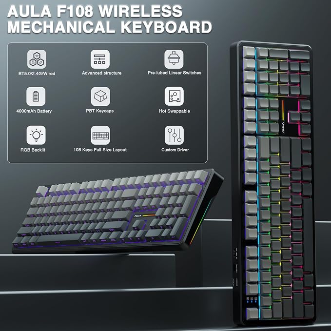 AULA F108 Wireless Mechanical Keyboard, Full Size Gaming Keyboard with Number Pad, Side Printed PBT Keycaps, Pre-lubed Switches, RGB Backlit, Hot Swappable Creamy Sounding Computer Keyboards, 108 keys - Image 2