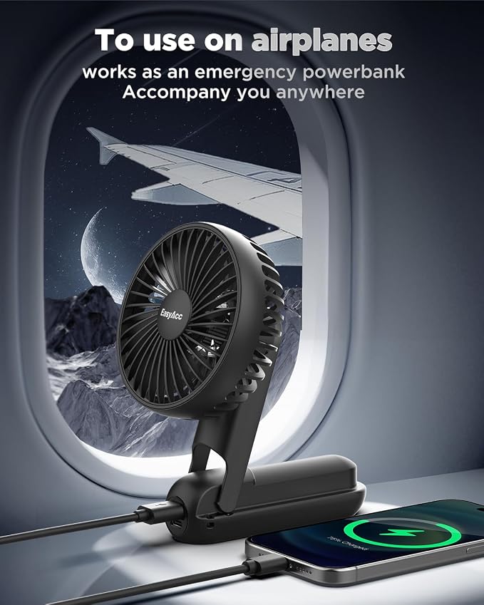 EasyAcc Portable Rechargeable Cooling Fan, 5000mAh Foldable Desk Fan, Black | Up to 32 hours World Cup Match Day Essential. 180° foldable design with lanyard - Image 3