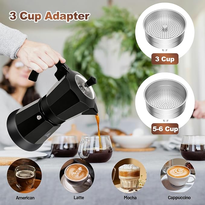 Electric Aluminum Moka Pot 3-6 Cup 150-270ml Espresso Maker | with Detachable Base Ideal Coffee Makers for Home MochaPot Italian and Cuban Café Coffeemaker Espressomaker CoffeePot Black - Image 6