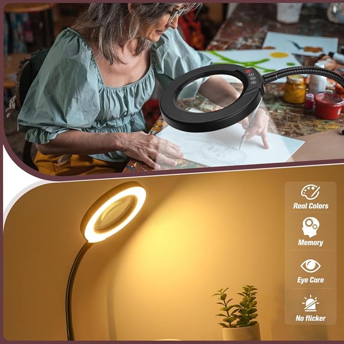 10X Magnifying Glass with Light and Stand, 16.5in Flexible Goose-Neck, 5 Color Modes Stepless Dimmable LED Lighted Desk Lamp, Hands Free Magnifier for Crafting Hobby Painting Close Work - Black - Image 6
