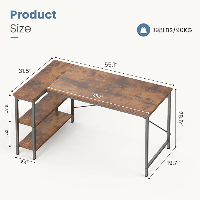 DUMOS L Shaped Desk, 55 Inch Computer Gaming Corner Desks with Shelves | Home Office PC Table, Writing Working Study Desk for Bedroom Dorm, Reversible Design, Rustic Brown - Image 3