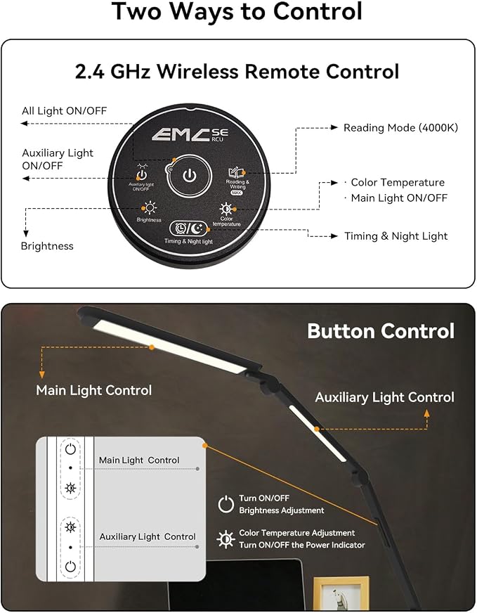 LED Desk Lamp with Clamp, Architect Desk Lamp with Remote, Flexible Swing Arm Desk Light with Dual LED Light, Stepless Dimming, 5 Color Mode & 4 Brightness for Sewing Painting Drafting Crafting - Image 5