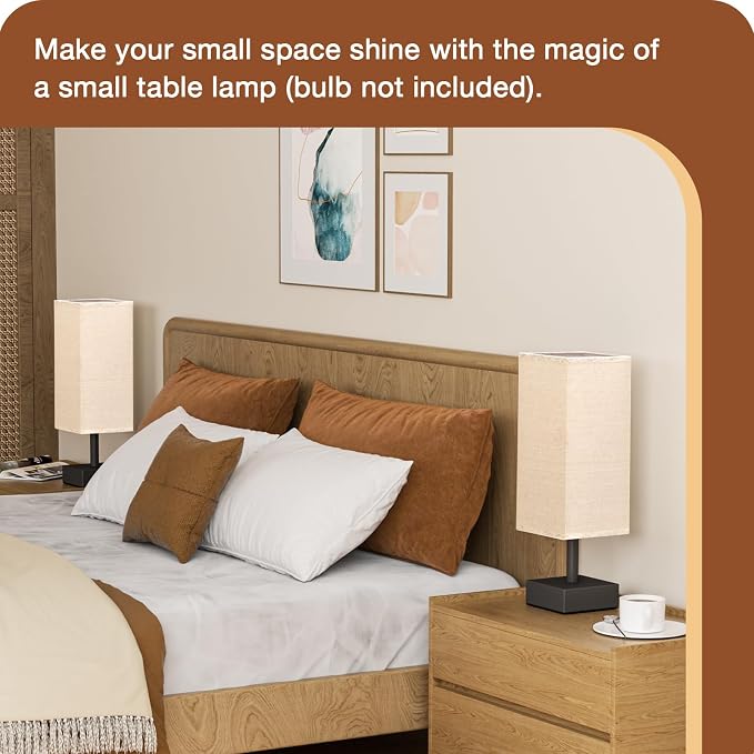 aooshine Small Bedside Table Lamp for Bedroom - Square Beige Fabric Shade | Inline Rocker Switch, Corded Electric, Bulb Not Included, 12.8" Mini Table Lamp for Nightstand, Desk, Dorm, Office - Image 4