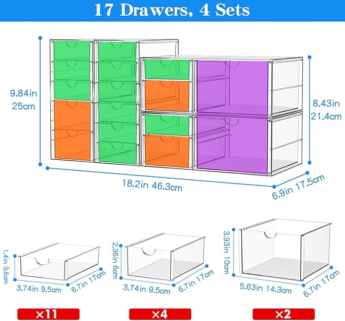 ARSTPEOE 17-Drawer Acrylic Storage & Makeup Organizer for Desk, Bath | Smooth-glide drawers, clear acrylic, 4-set stackable, dustproof, wipe-clean, for serum samples, sheet masks, bobby pins - Image 3