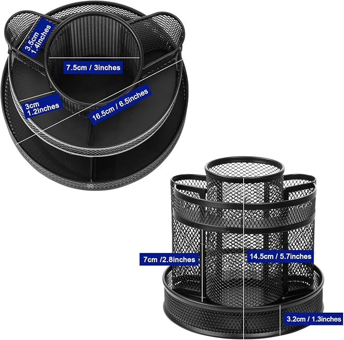 Comix Mesh 360° Rotating Pen Holder, Desk Organizer for Home Office, Black | 5 Compartment Pencil Holder, Sticky Notes Holder, Pen Organizer Office Supplies - Image 4