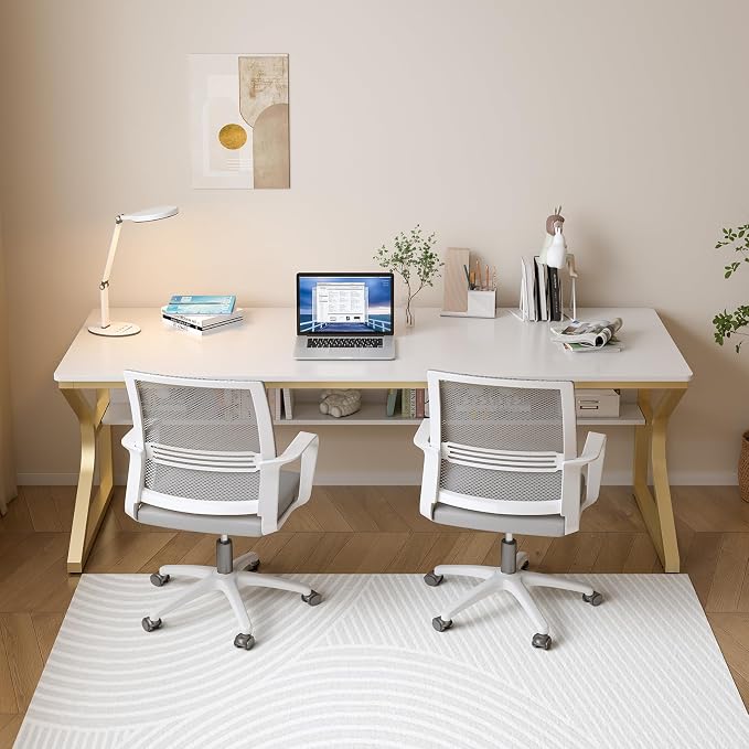 OSCHF 71-Inch Extra Long Desk with Storage Shelf, Gold | Double Long Writing Table, Space-saving, 2-Person Workstation, Modern Study Work Computer Desk, For Home Office - Image 6