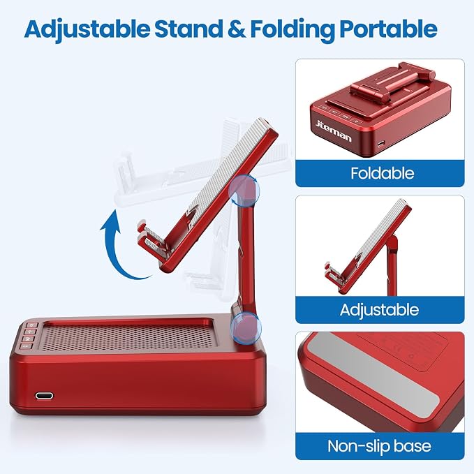 JTEMAN Portable Phone Stand with Speaker Bluetooth Wireless,Gifts for Men Women,Birthday for Women,Kitchen Gadgets for Men,Phone Holder for Desk - Red - Image 6