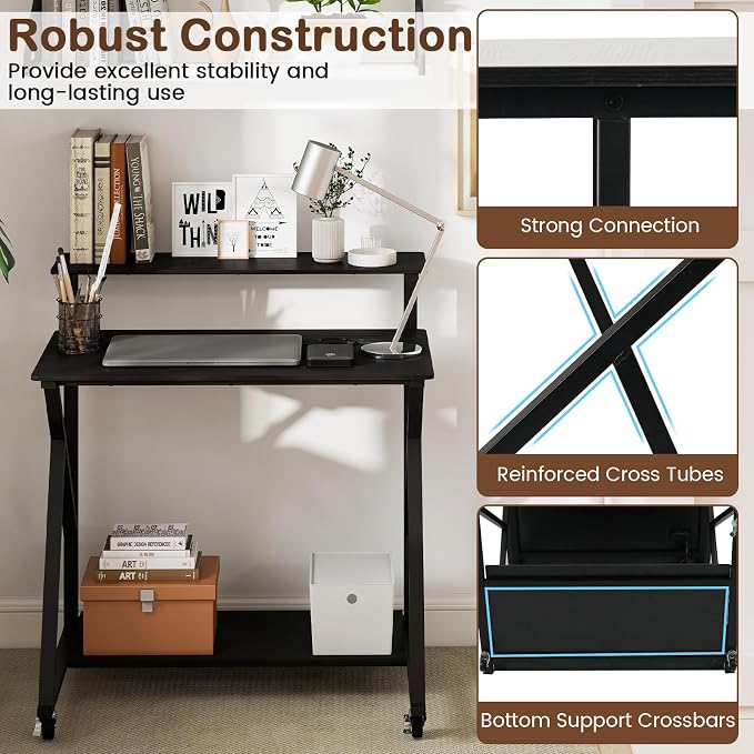 GIANTEX Rolling Small Desk with Storage, Compact Computer Desk for Small Spaces with Charging Station, Monitor Stand, Lockable Wheels, Study Writing Desk for Home Office, Bedroom (Black) - Image 7