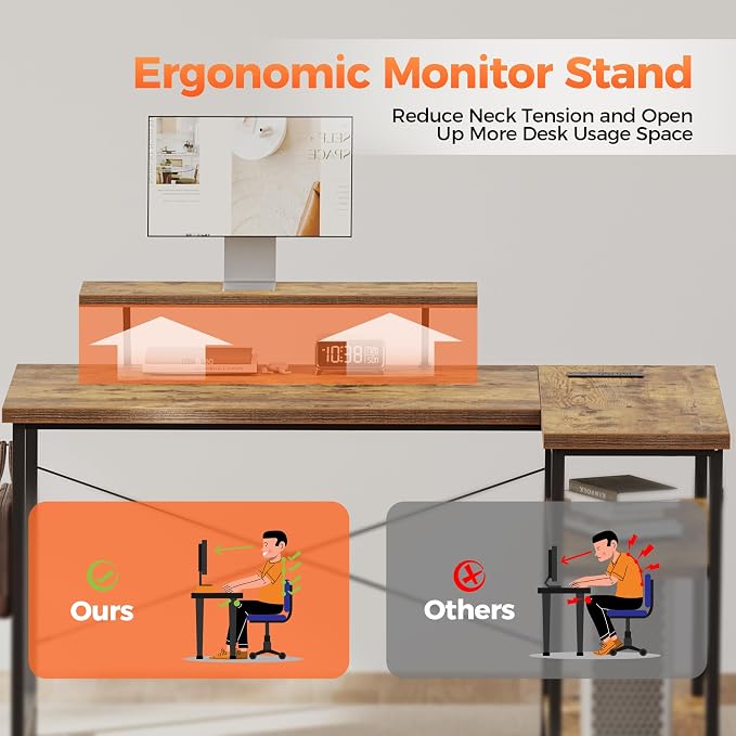 Mericonia 48 in Corner Desk with Monitor Stand, Small L Shaped Gaming Desk | Reversible Computer Desk with Power Outlets, LED Light & Storage Shelves, Office Table for Home Bedroom Study Work Writing - Image 4