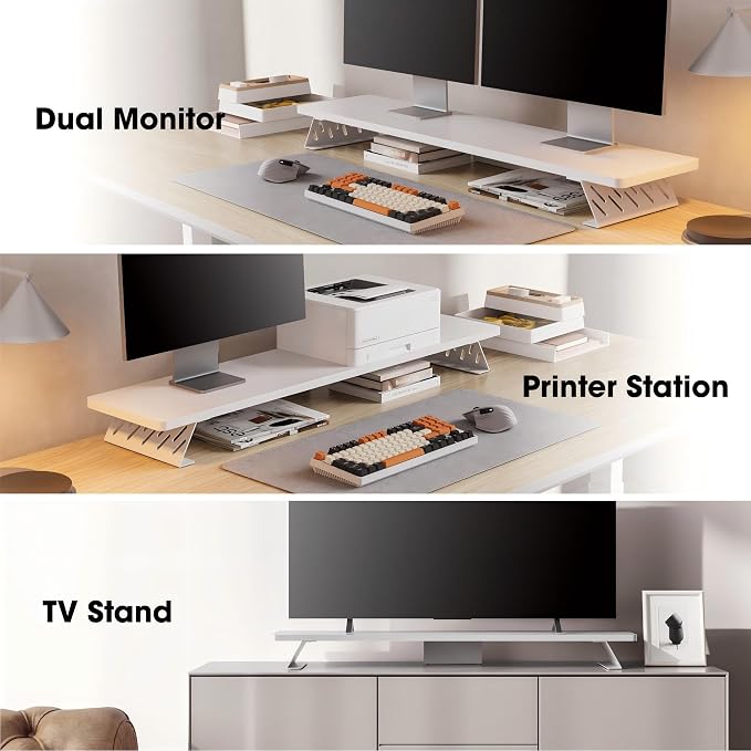 Fenge Dual Monitor Stand Riser, 42.5 Inch Desk Top Shelf for 2 Monitors, Computer Stands for Desk, Wood & Steel Desktop Riser for Laptop, PC, Printer - Image 7