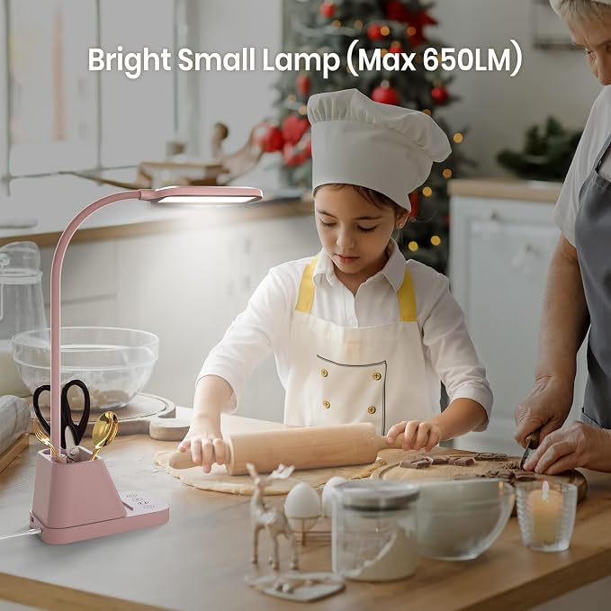 AXX Pink Cute Desk Lamp with USB Charging Port for Kids Teen Girls Women | Kawaii, Small, LED, 650LM, for College Dorm Room Bedrooms, Home Office Accessories, Study Table Essentials - Image 2