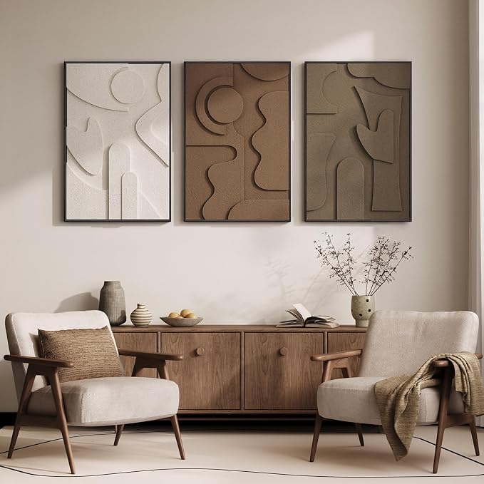 Large Framed 3D Textured Wall Art for Living Room, Set of 3 Abstract Geometric Wall Decor, Modern Neutral Brown Minimalist Pictures Artwork for Bedroom Dining Room Hallway Office, 24x36 Inch - Image 5