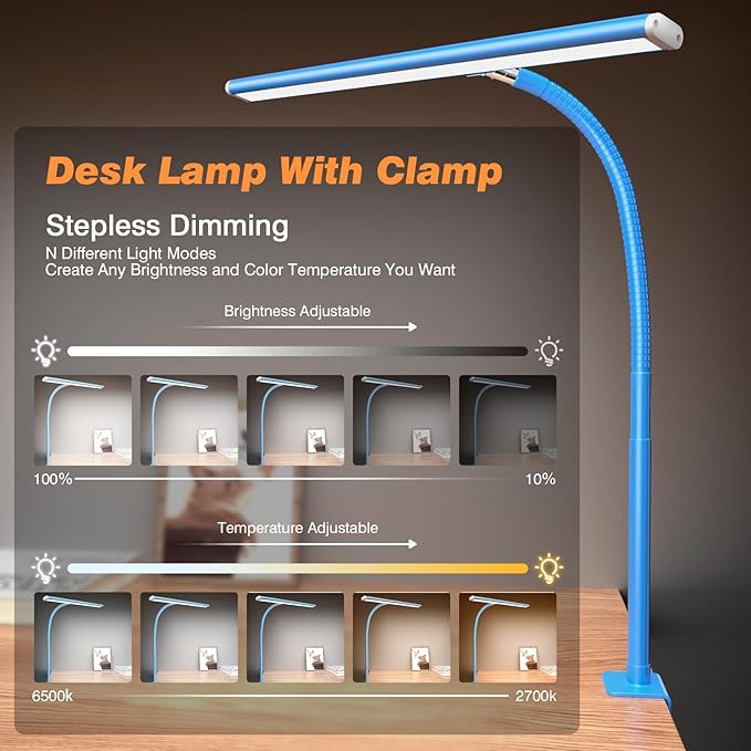 Airlonv LED Desk Lamp for Office Home, Eye-Caring Desk Light with Stepless Dimming Adjustable Flexible Gooseneck, 10W USB Adapter Desk Lamp with Clamp for Reading, Study, Workbench (Blue) - Image 2