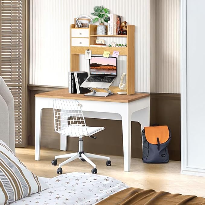 YGYQZ Wood Desk Shelf Organizer, Desk Hutch Top Only, Countertop Storage Hutch with 4 Shelves for Computer Desk，2-Tier with Cabinet Door Rack for Office, Home, Dorm，Natural - Image 8