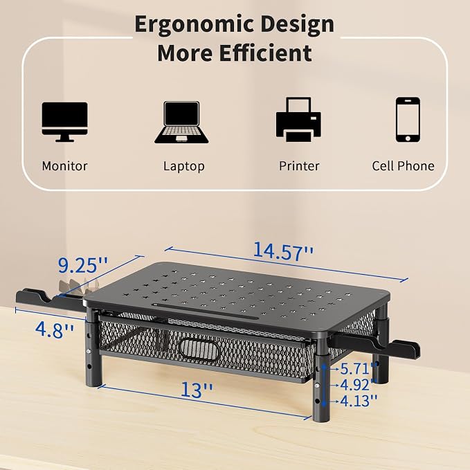 Zimilar Monitor Stand Riser with Metal Mesh Drawer, Height Adjustable | Monitor Riser with Phone Holder for Computer, Laptop, Printer, Notebook, Metal Computer Monitor Stand with Storage - Image 6