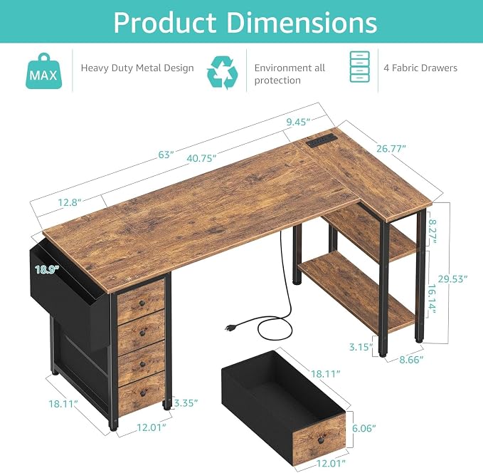 Lufeiya L Shaped Computer Desk with Drawers & Storage Shelves, 63 Inch Corner Desk with Power Outlet for Home Office Bedroom, L-Shaped Teen PC Gaming Desks with Fabric Drawer, Rustic Brown - Image 3