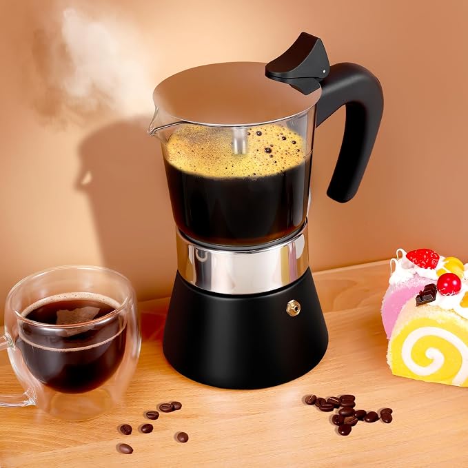 6 Cup 300ml Glass Moka Pot, Stovetop Espresso Maker, Black | Crystal Glass-top & Stainless Steel Coffee Maker, Induction Compatible, for Greca de Cafe, Cuban and Italian Coffee Brewing - Image 6