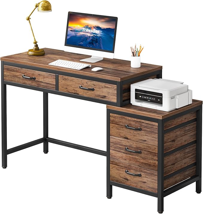 Tribesigns Computer Desk with 5 Drawers, Reversible Home Office Desks | Small Desk with Drawer Cabinet Printer Stand, PC Desk with Storage, Rustic Study Writing Table Workstation for Small Spaces by Unknown