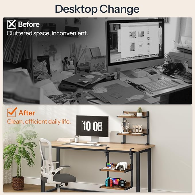 HOOBRO Clamp On Desk Shelf, 2-Tier Desktop Organizer, Space-Saving Desk Shelf with Adjustable Shelves, for Office, Study, Entertainment Accessories, Rustic Brown and Black BF32SJ01 - Image 6