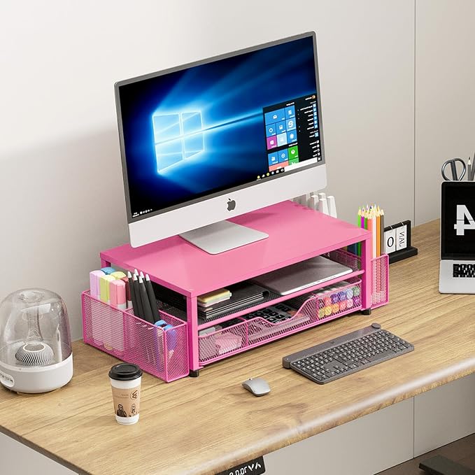 OPNICE Desk Organizer and Accessories, 2-Tier Computer Monitor Stand with Drawer and 2 Pen Holders, Laptop Stand, Office Desk Accessories for Office Supplies, Carmine Rose - Image 3