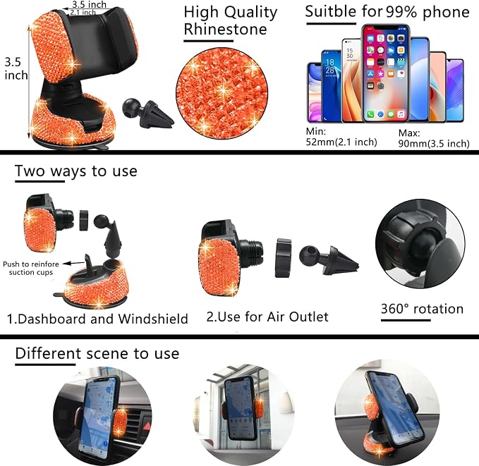 NBTEPEM 27 PCs Orange Bling Car Accessories Set for Women, Steering Wheel Covers Universal Fit 15 Inch, Bling License Plate Frame, Bling Phone Holder, Bling Car Coasters (Orange Diamond) - Image 5